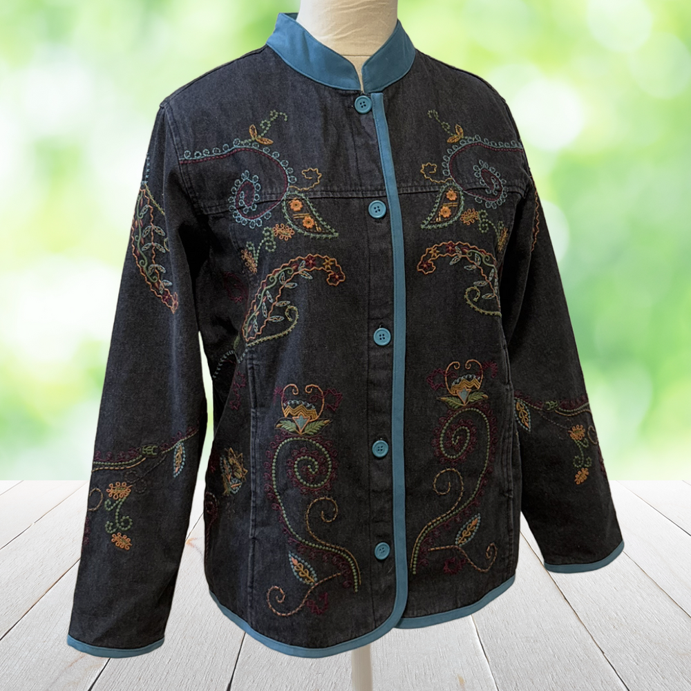 Vintage DENIM & CO Denim Jacket Embroidered Paisley Artwear Boho Black Womens M